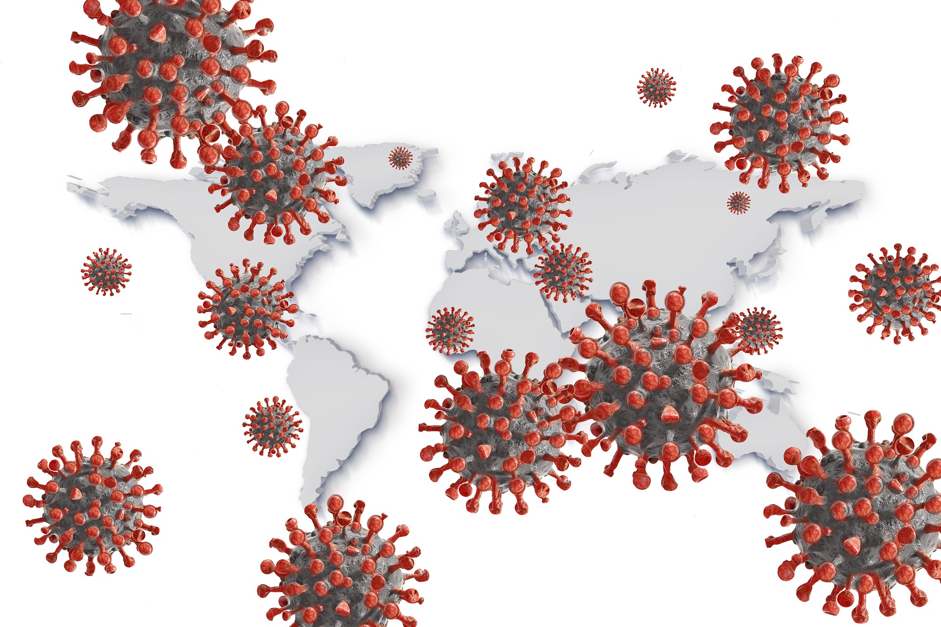 Conronavirus images superimposed on a map of the world used as an illustration